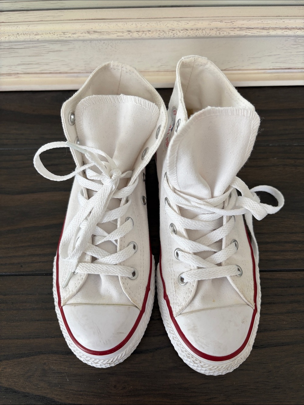 Converse Kids White High Top Sneakers with Red and Navy Trim - Picture 3 of 6